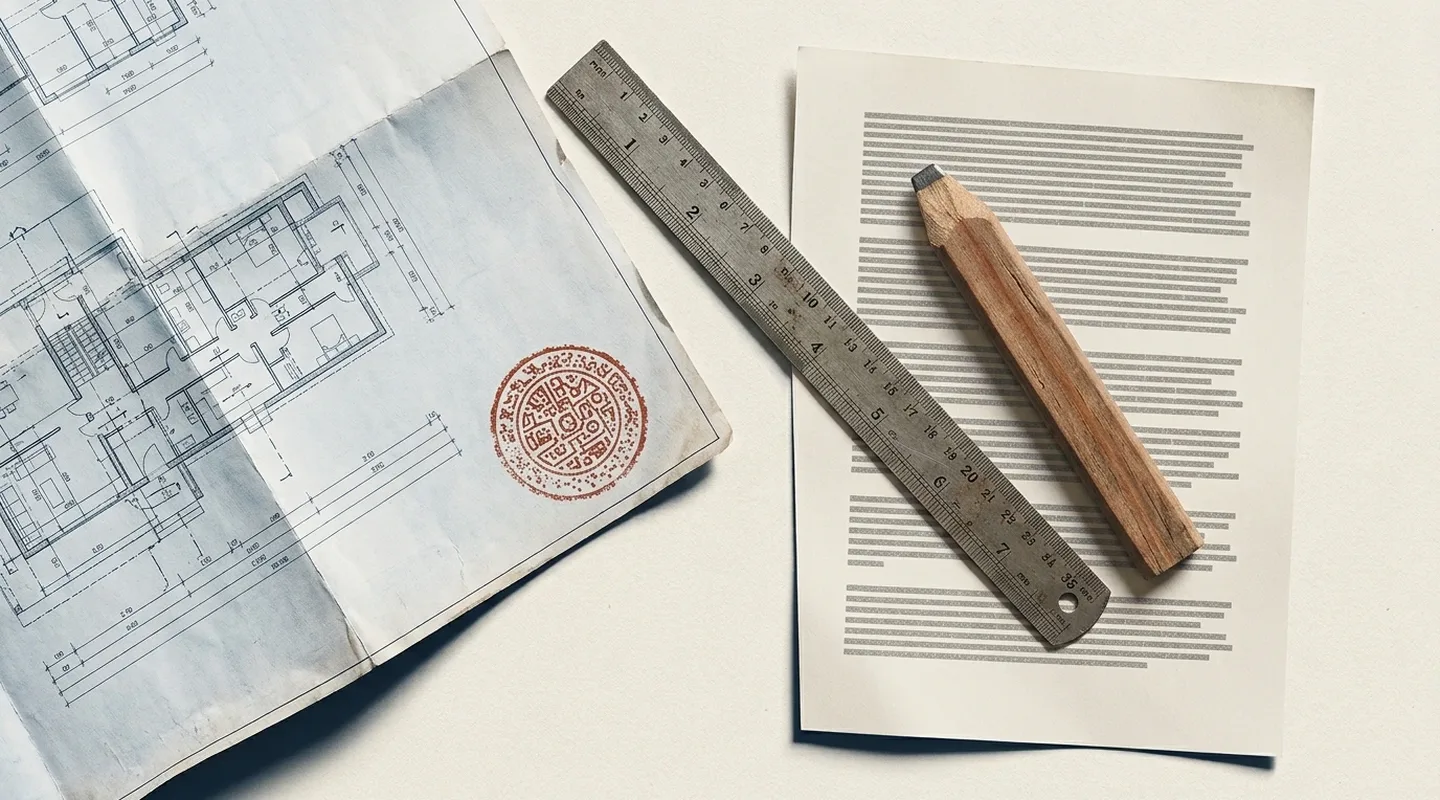 Plan de chantier et attestation posés côte à côte sur un bureau