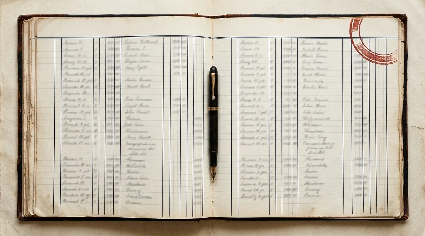Registre ouvert, colonnes d’un tableau d’obligations professionnelles