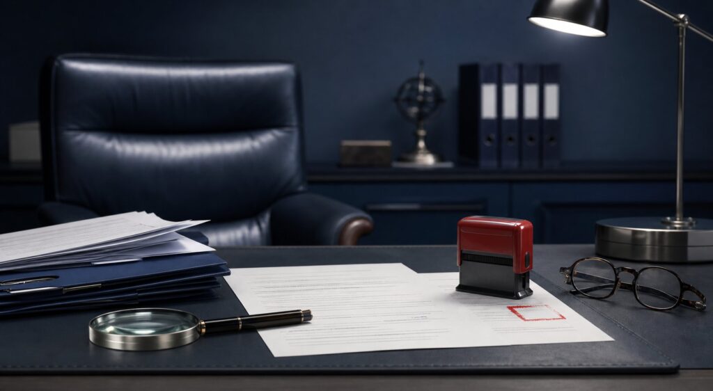 Bureau sobre avec documents administratifs, tampon rouge et stylo-plume