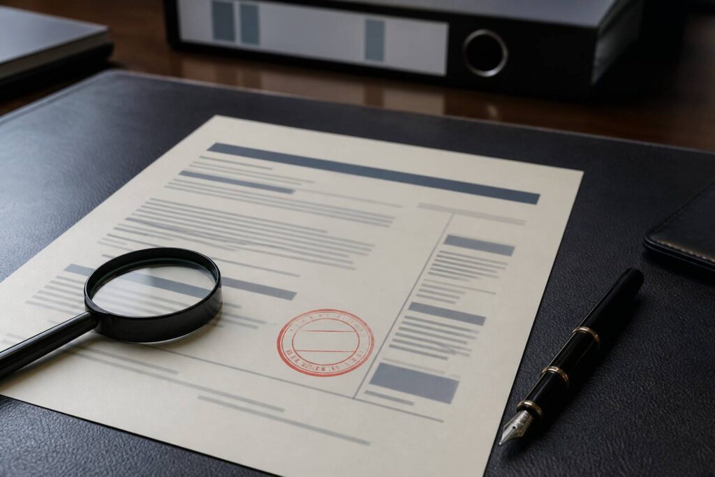 Attestation imprimée avec tampon rouge et loupe sur bureau