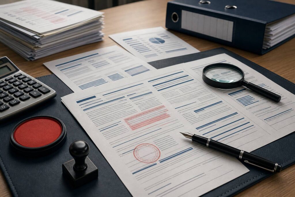 Bureau de souscription avec documents, tampon rouge et calculatrice