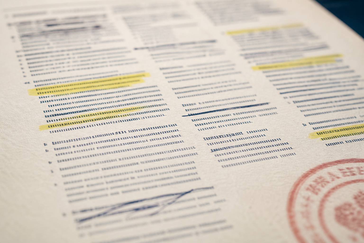 Lignes de contrat surlignées et barrées sur papier réglementaire