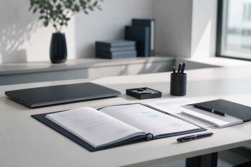 Bureau de consultant avec contrat de mission et bloc-notes