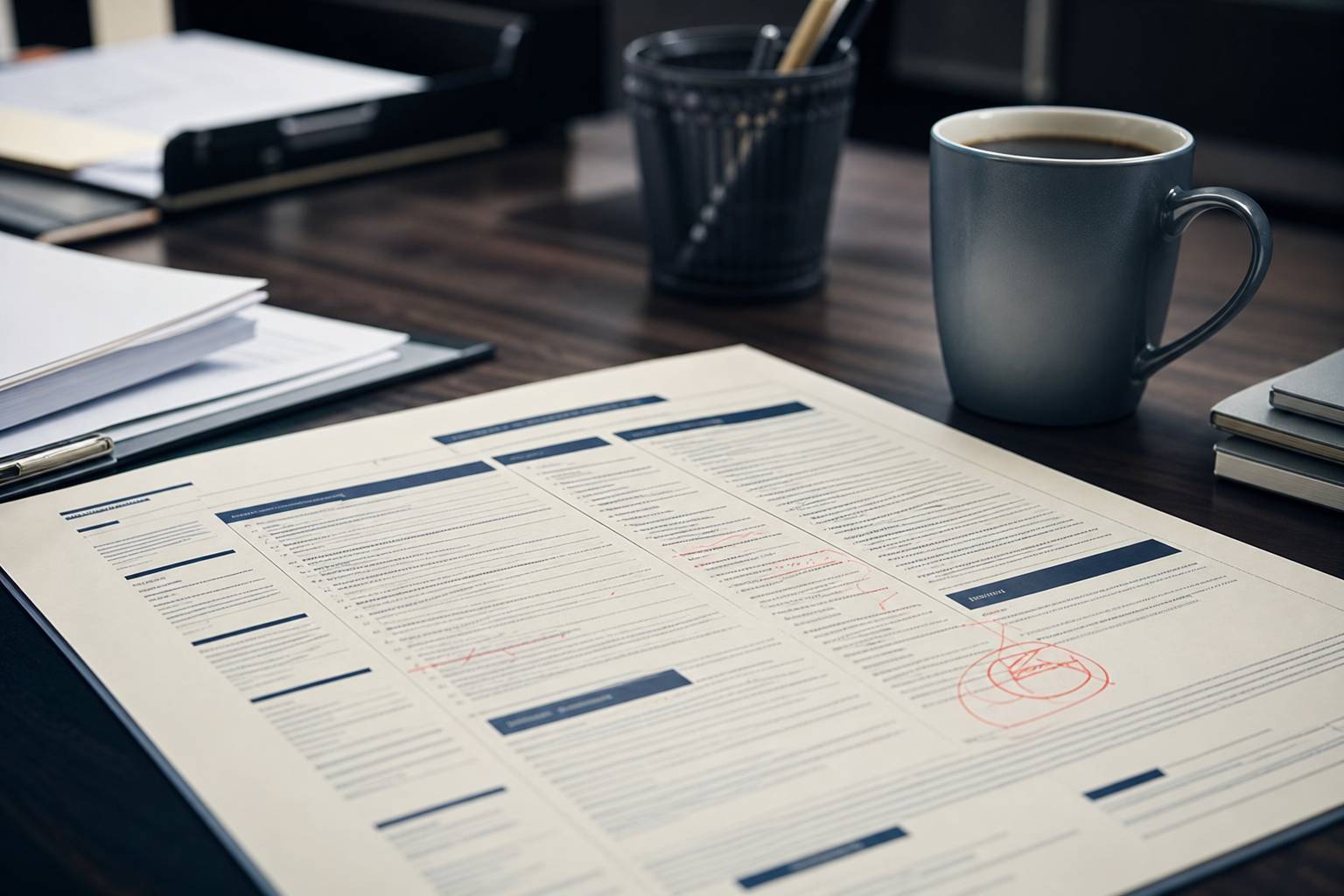Contrat de mission surligné avec annotation rouge sur un bureau