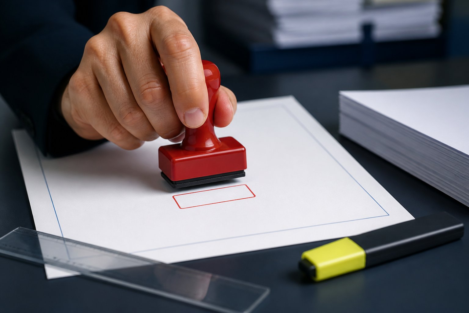 Main apposant un tampon rouge sur un document administratif vierge