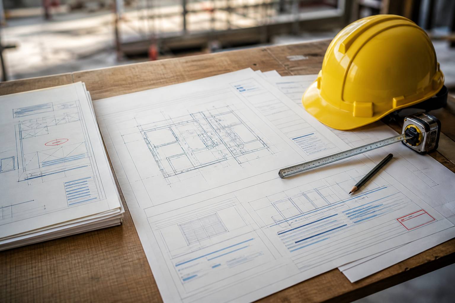 Plans de chantier avec casque de sécurité et mètre ruban