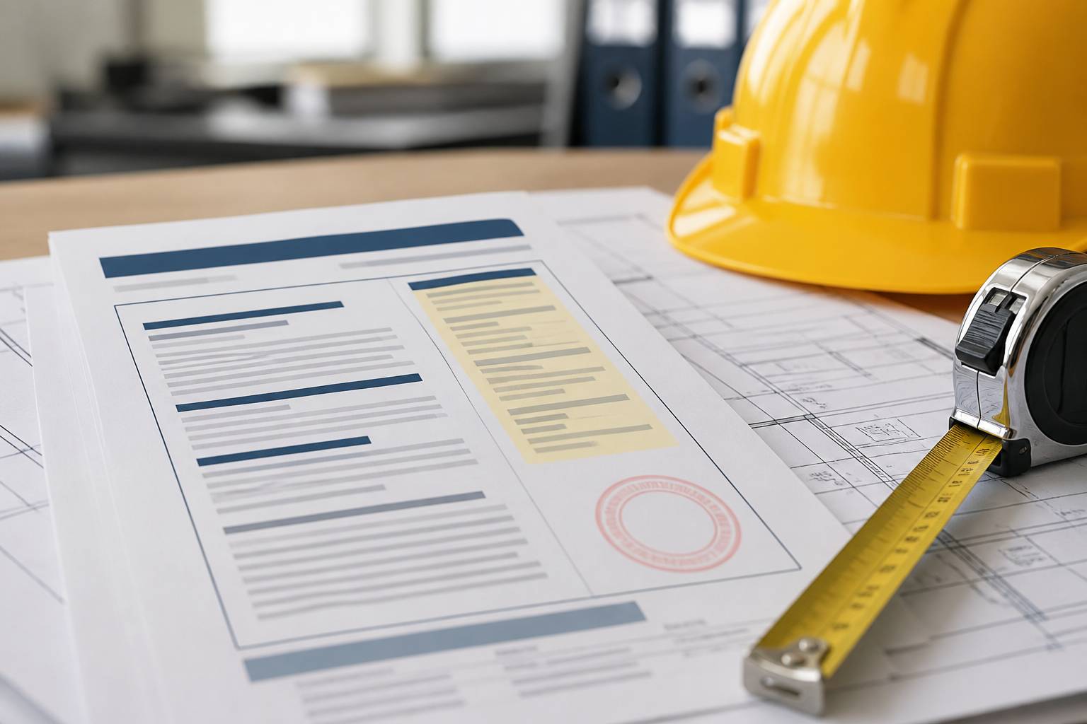 Documents réglementaires avec casque et mètre ruban