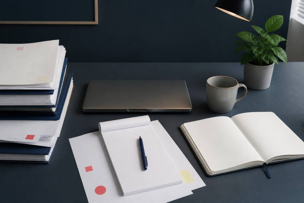 Bureau de micro-entrepreneur avec ordinateur, carnets et documents