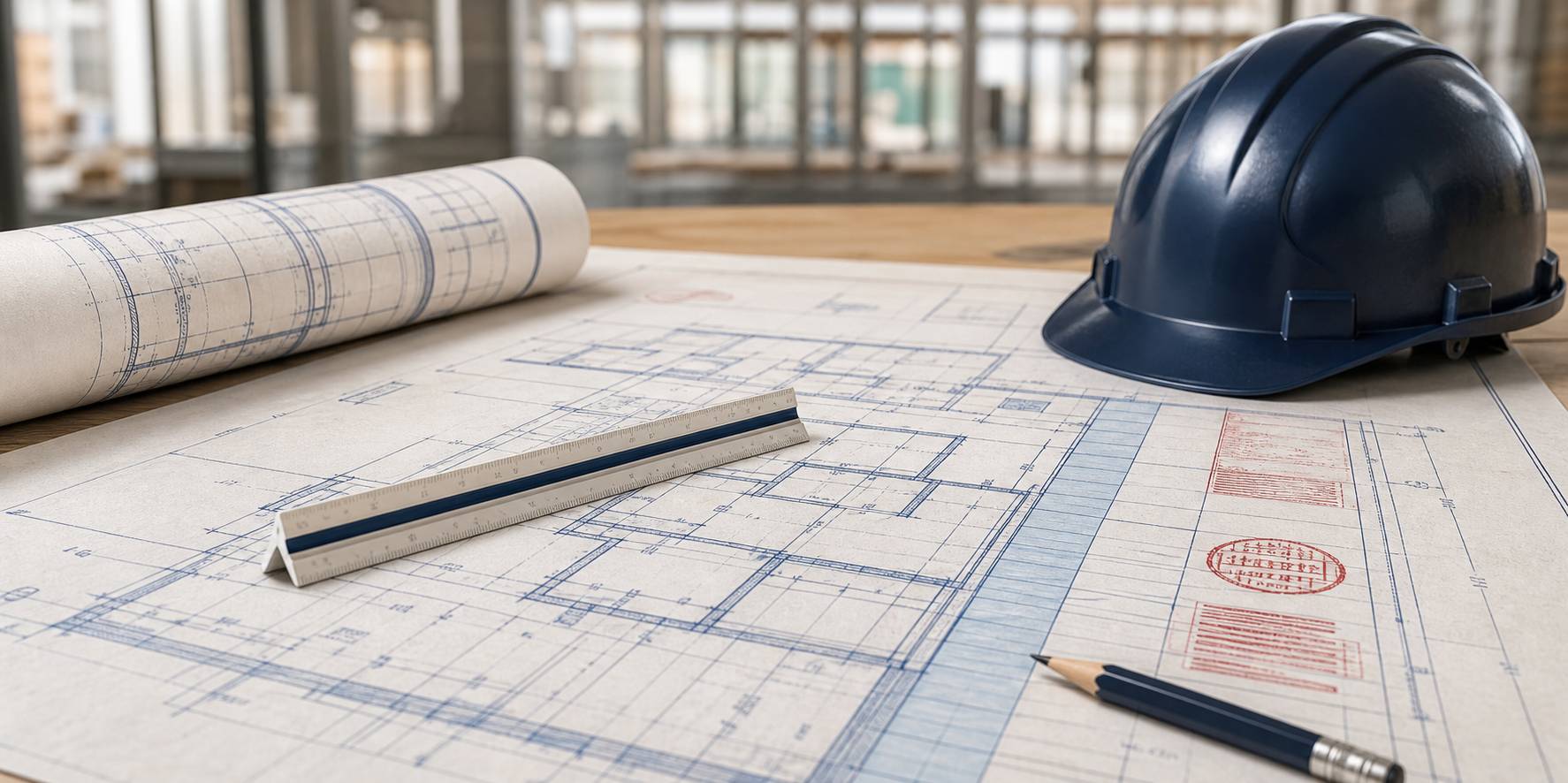 Plans d'architecte déroulés avec règle et casque de chantier