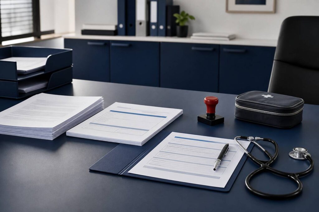 Bureau de souscription avec documents et stéthoscope pour la RC pro