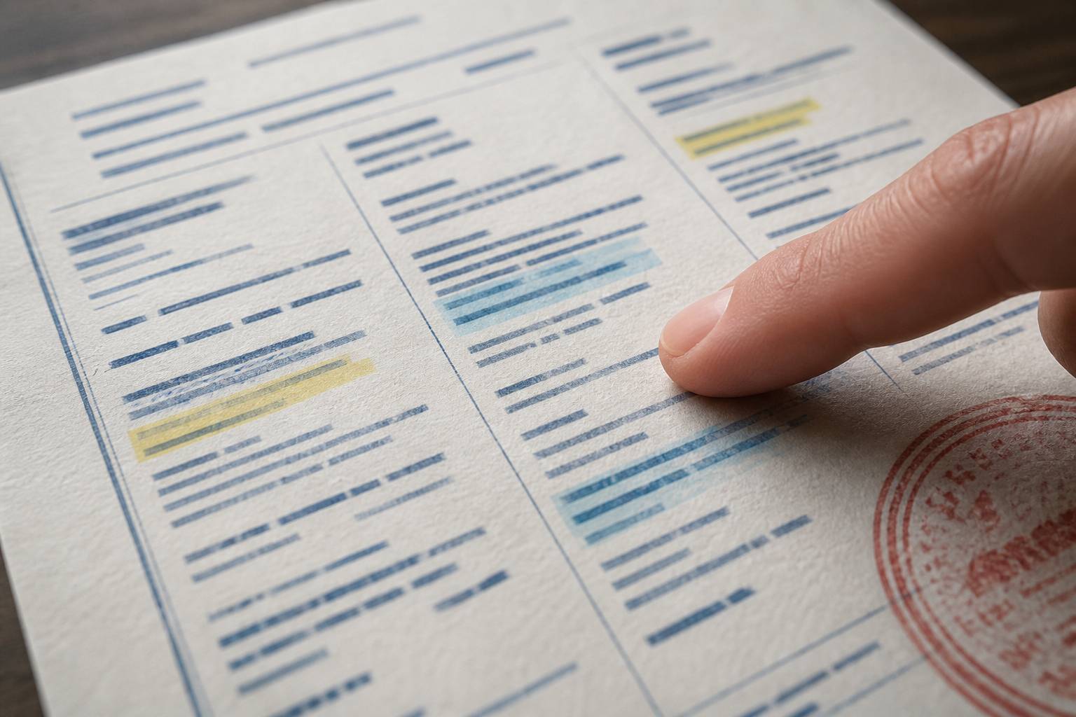 Doigt suivant les mentions surlignées d'une attestation