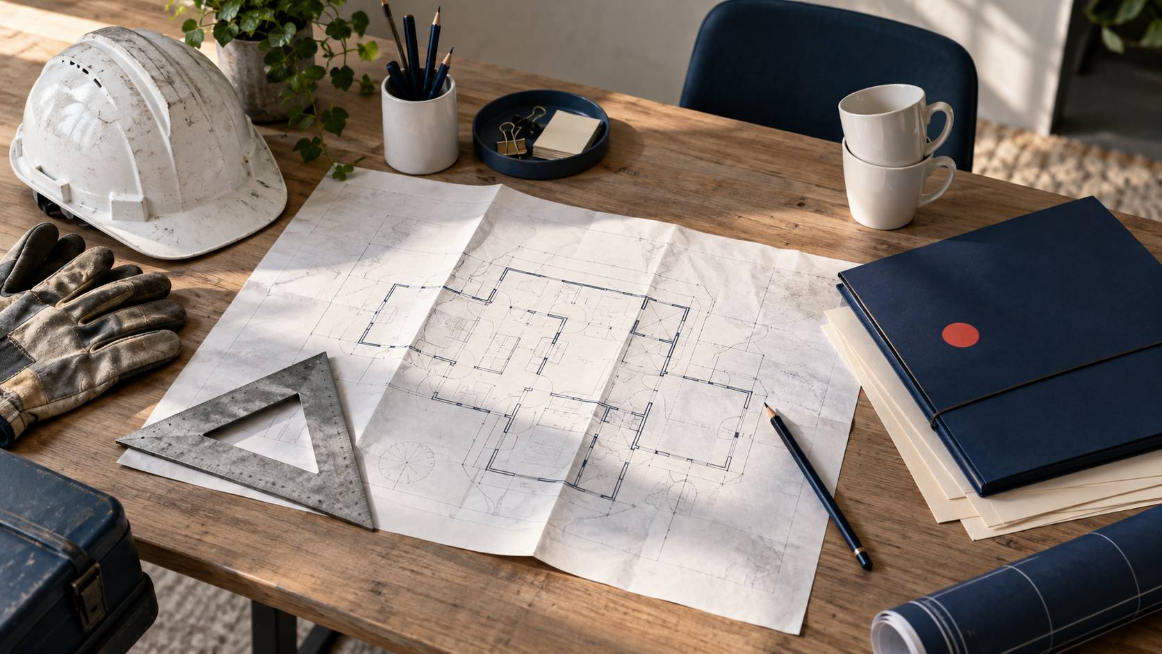 Plan de maison plie, equerre et dossier ferme sur un bureau d'artisan