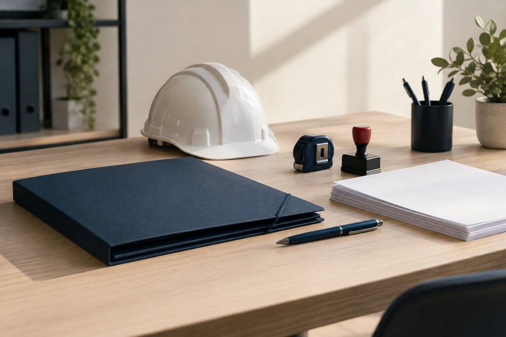 Bureau de courtier en assurances avec dossier ferme, casque de chantier et tampon