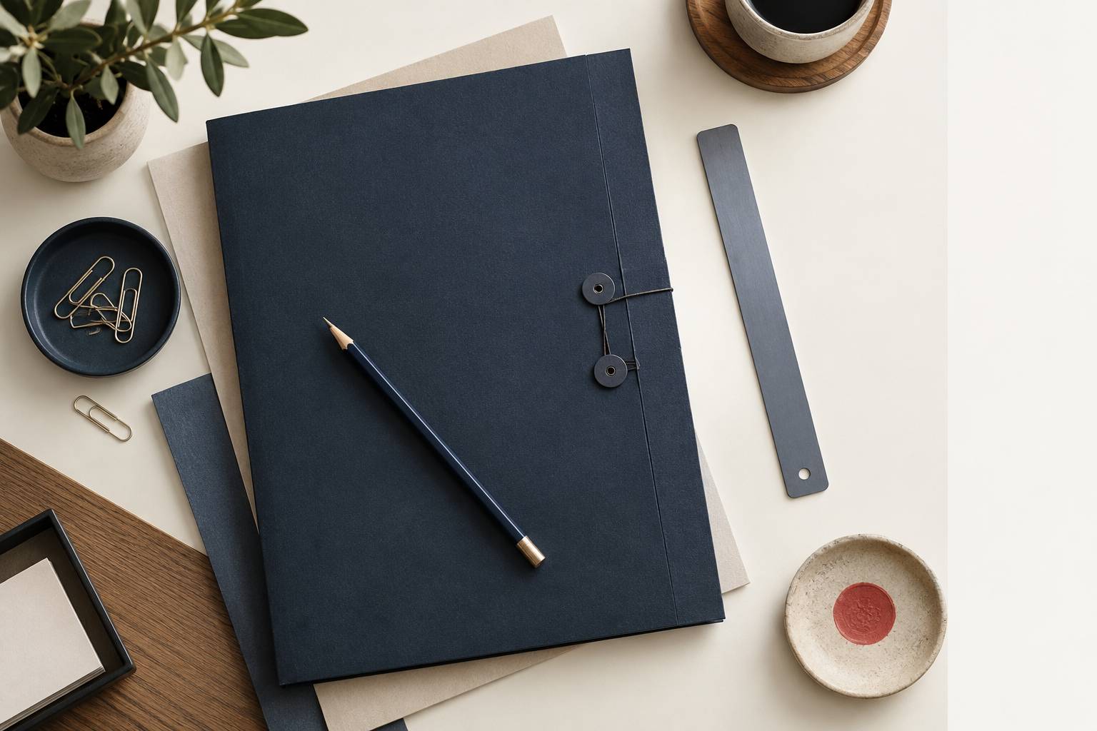 Chemise cartonnee fermee et trombones sur un plan de travail