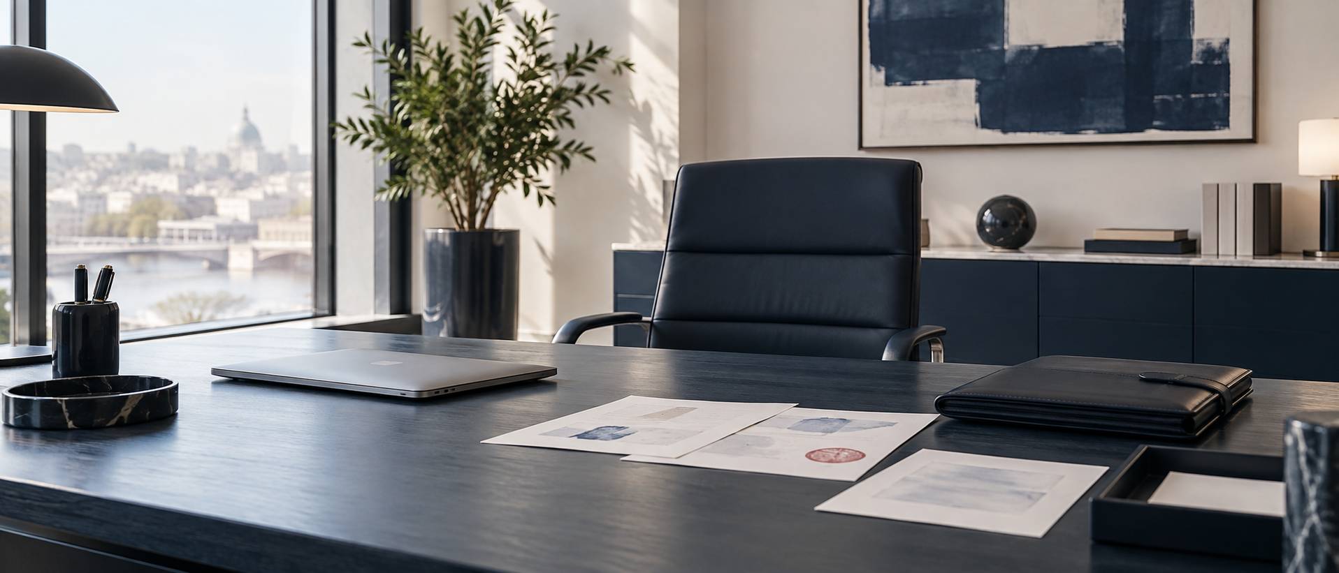 Bureau d'assurance avec ordinateur rabattu et parapheur ferme