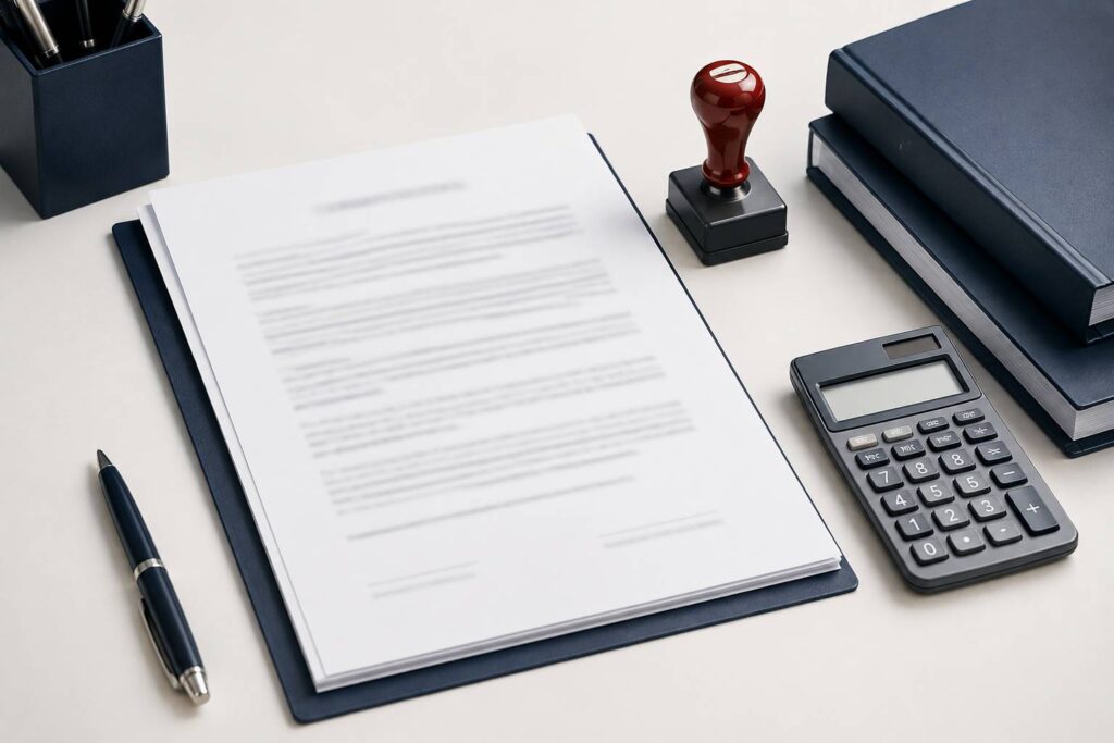 Bureau d'expertise comptable avec contrat d'assurance professionnelle et tampon dateur rouge