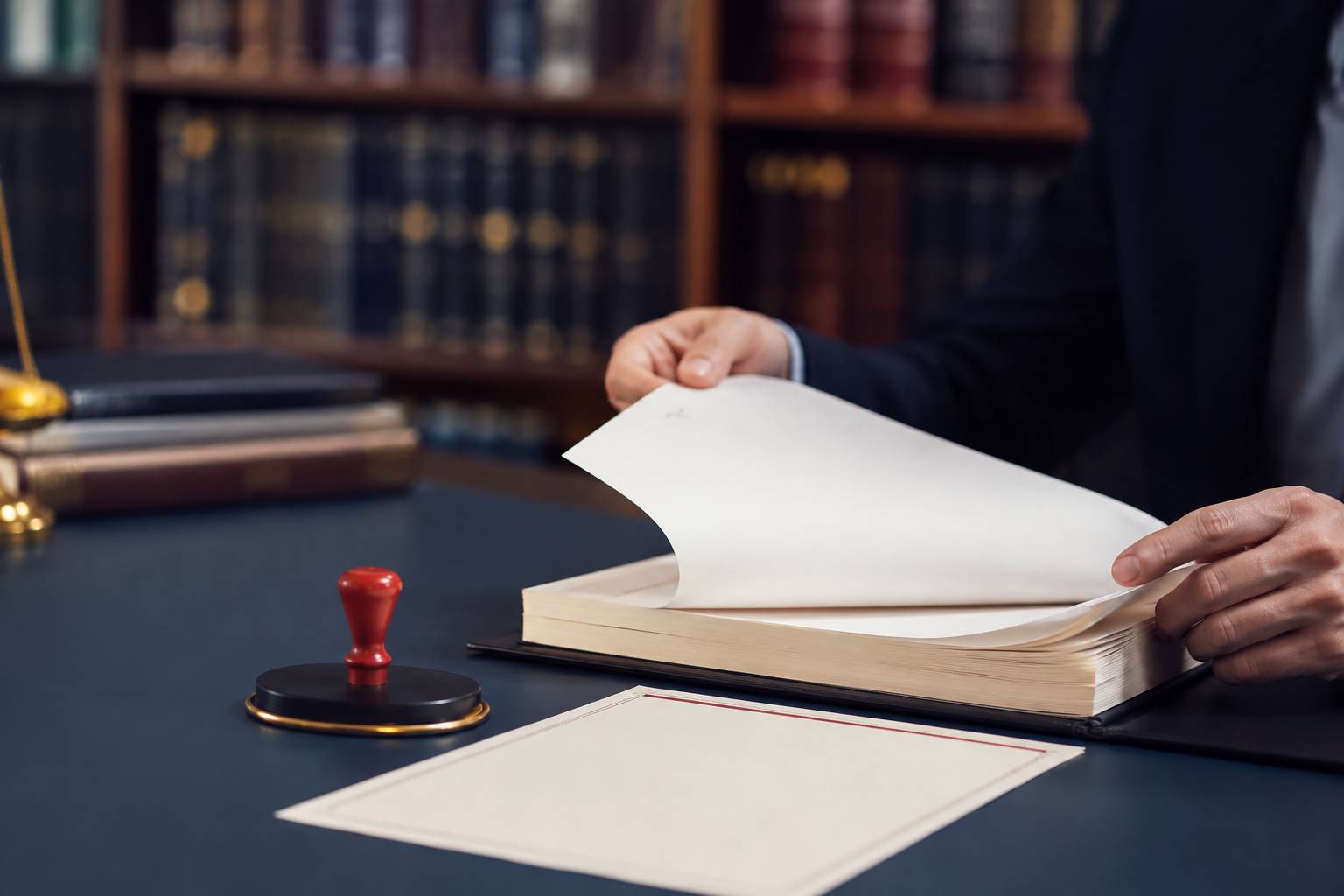 Mains feuilletant un contrat générique avec tampon rouge et attestation