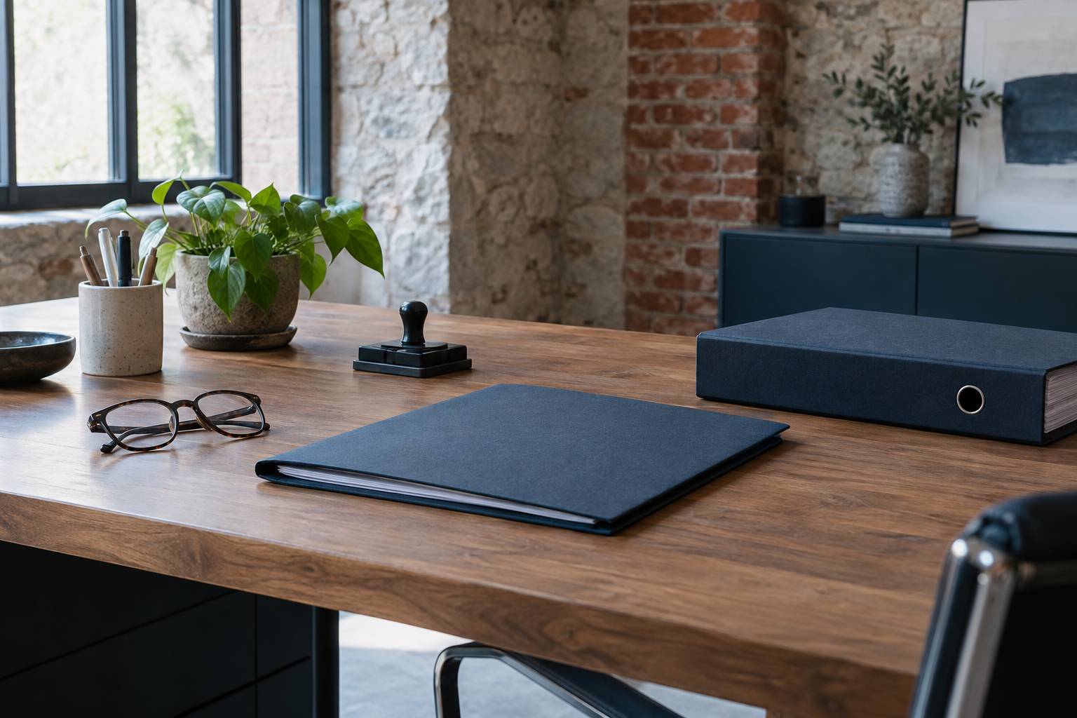 Dossier ferme et tampon vierge sur un bureau de travail