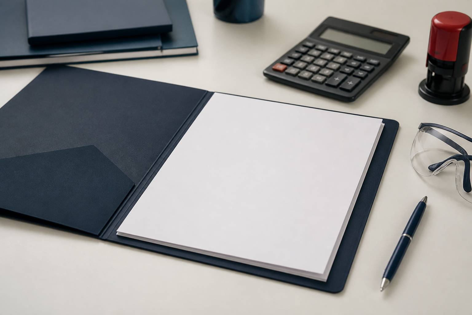 Chemise cartonnée, tampon encreur et calculatrice sur un bureau, évocation d’assurance