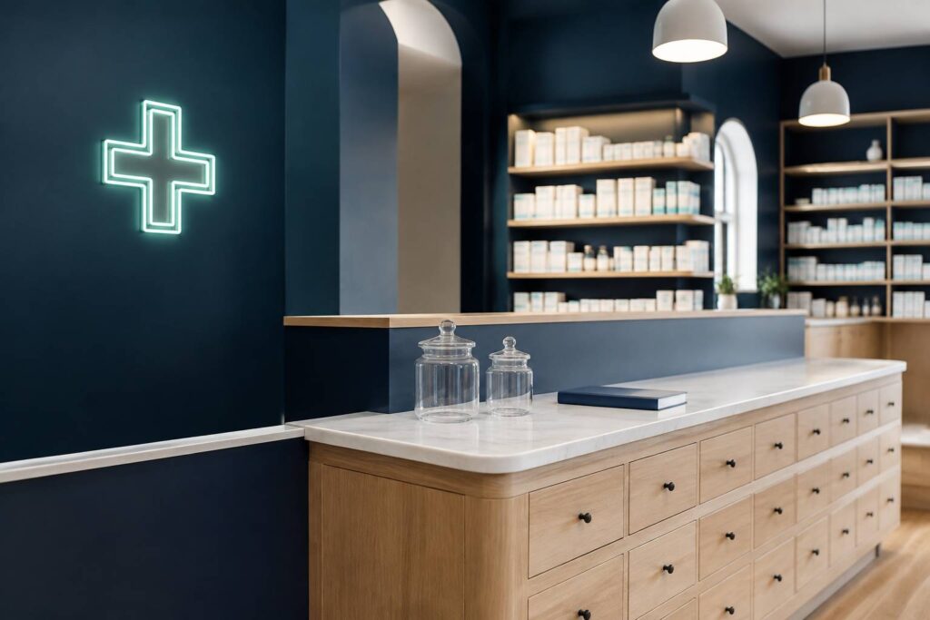 Comptoir de pharmacie générique avec tiroirs en bois et croix lumineuse, sans personne
