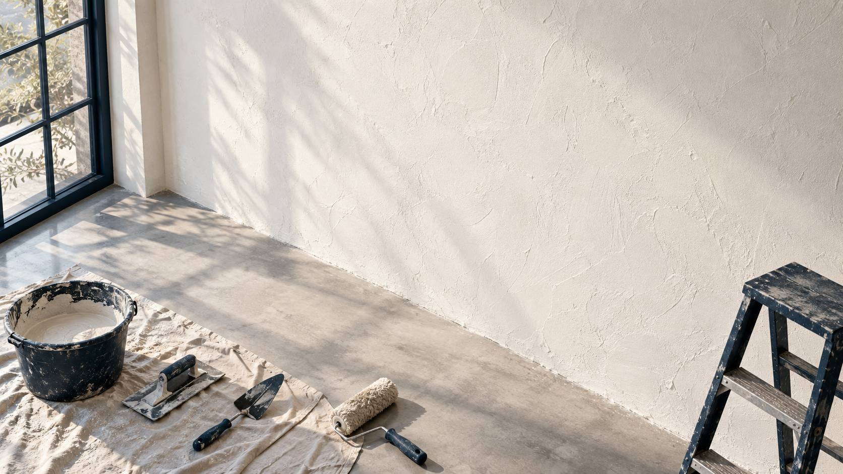Mur d'enduit clair neuf revele par une lumiere rasante sur un chantier propre