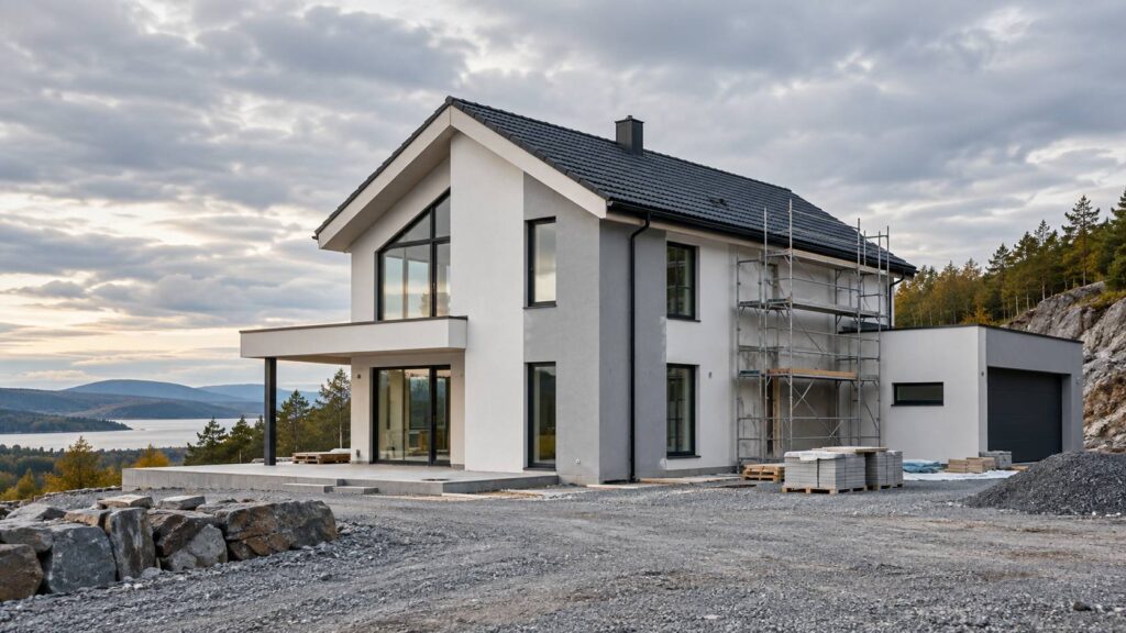 Maison individuelle en fin de chantier avec enduit neuf et echafaudage partiel