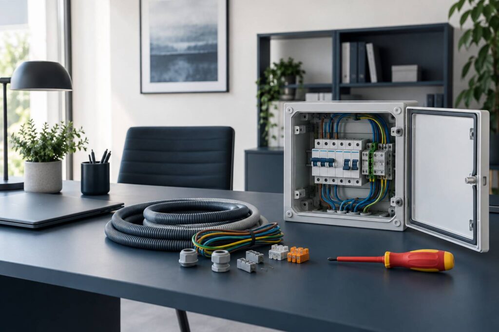 Boîtier électrique ouvert et câbles colorés posés sur un bureau professionnel