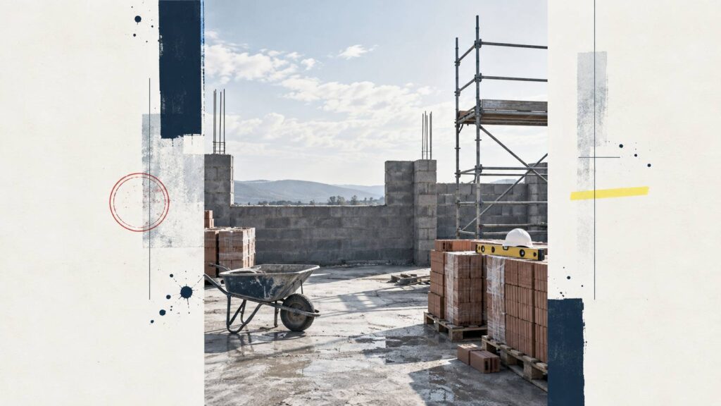 Chantier de construction avec échafaudage, palettes de briques et casque de chantier