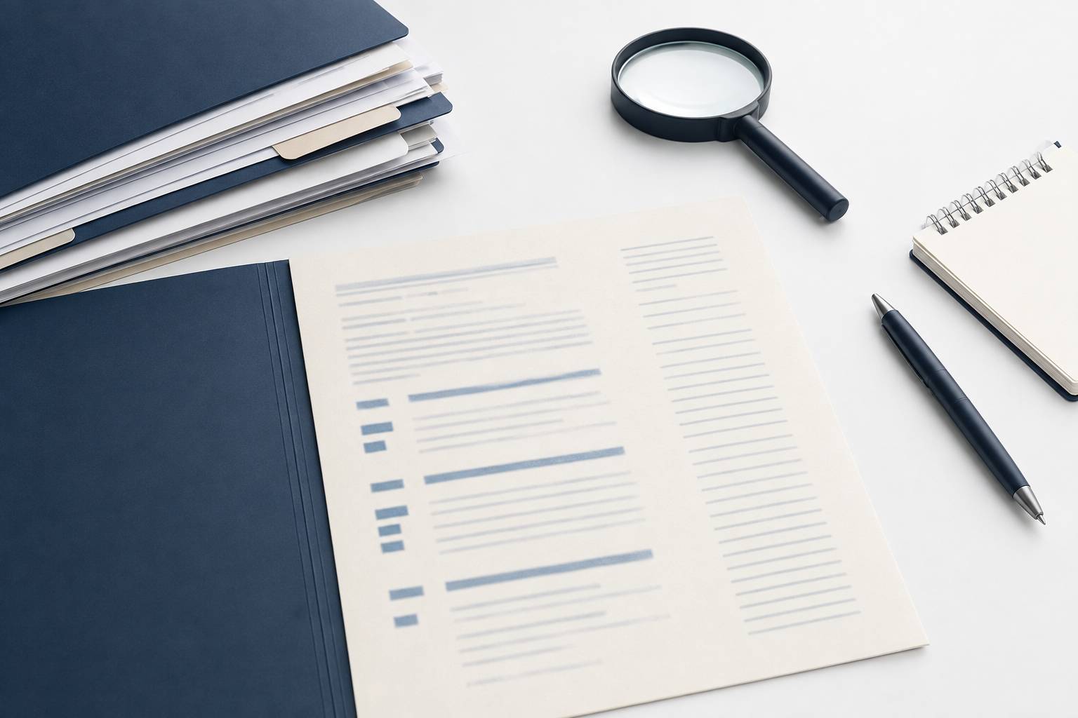 Dossier de sinistre professionnel avec loupe et documents classés sur un bureau clair