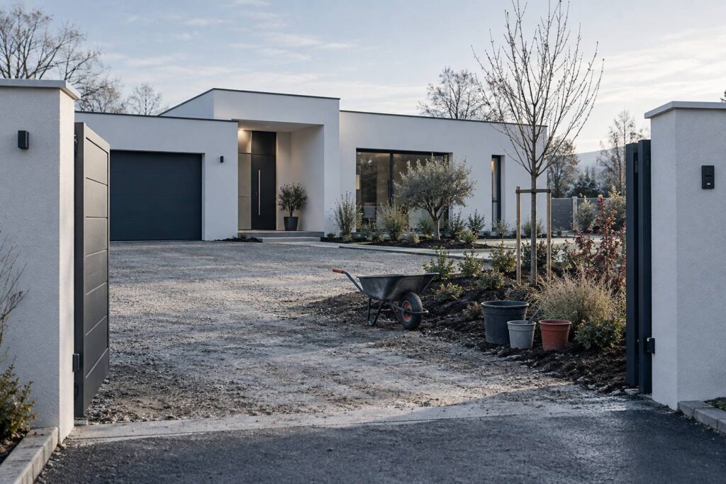 Maison individuelle recemment achevee avec brouette de chantier