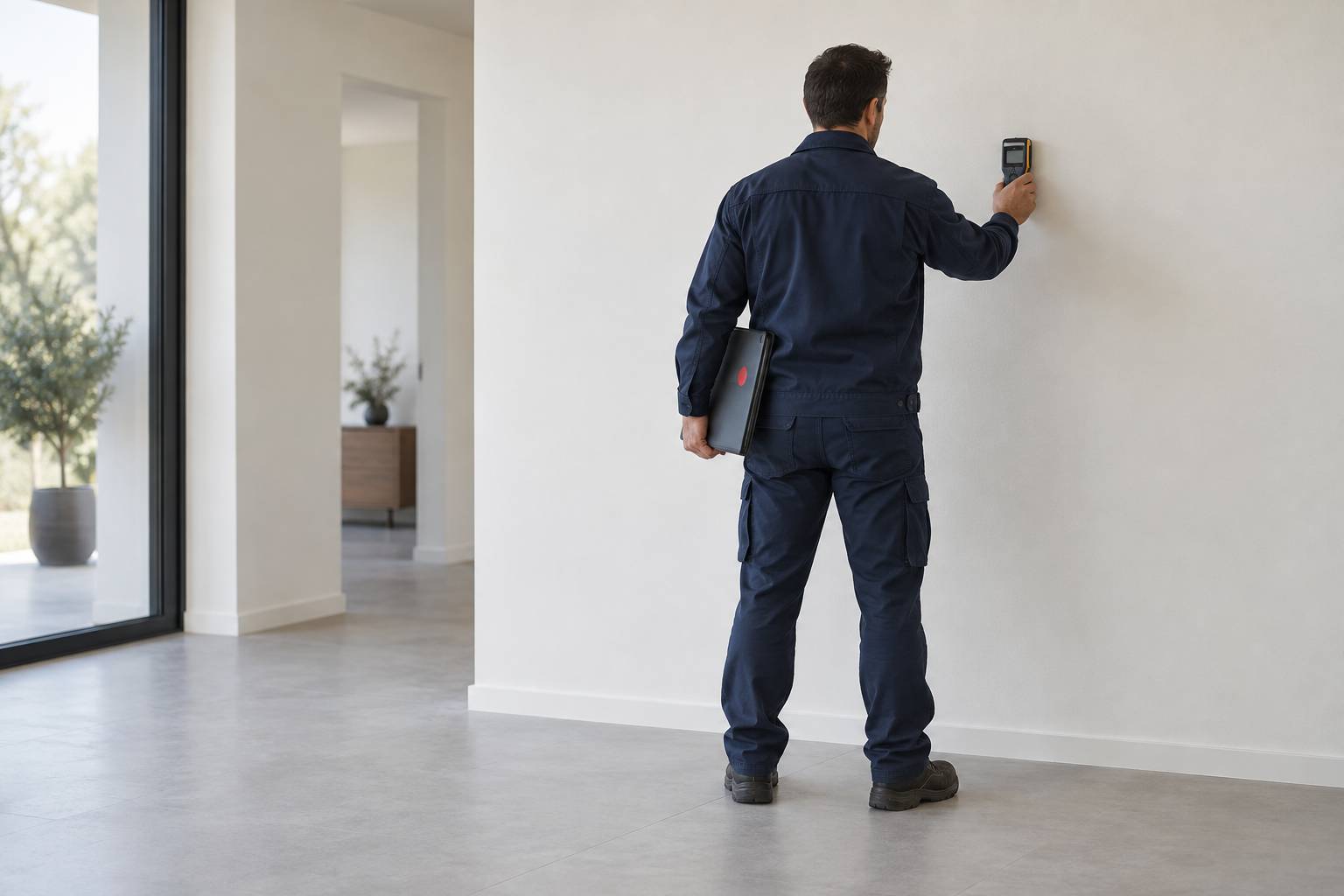 Diagnostiqueur immobilier vu de dos inspectant un mur avec un détecteur