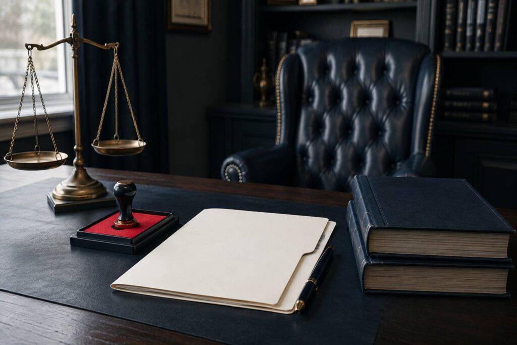Bureau de notaire en bois foncé avec registres fermés, tampon rouge et balance de justice