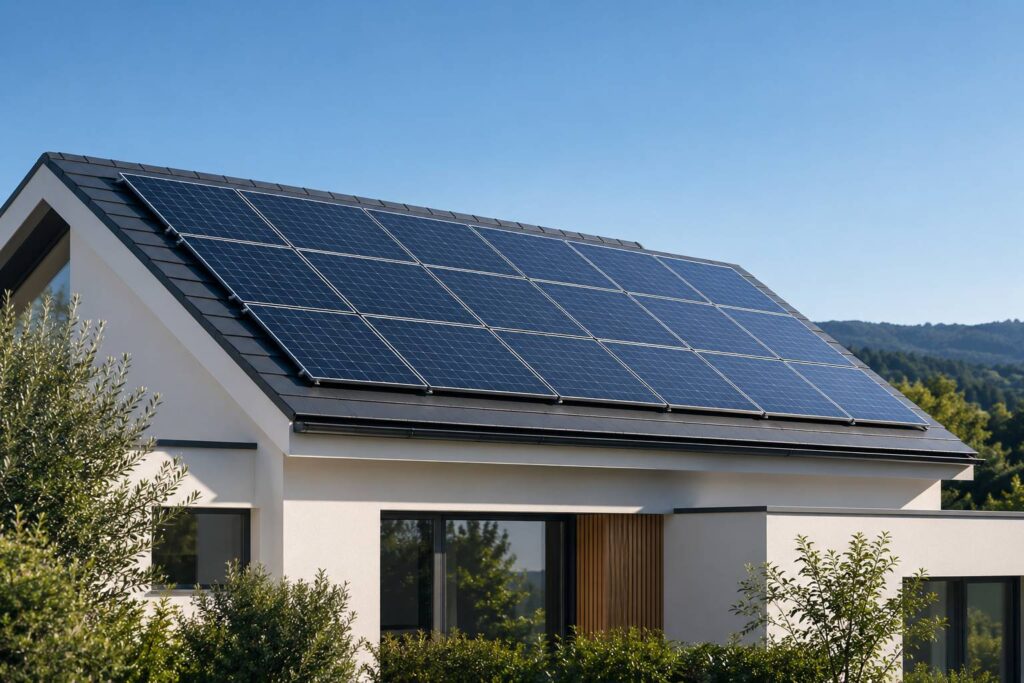 Toiture résidentielle équipée de panneaux photovoltaïques sous un ciel dégagé