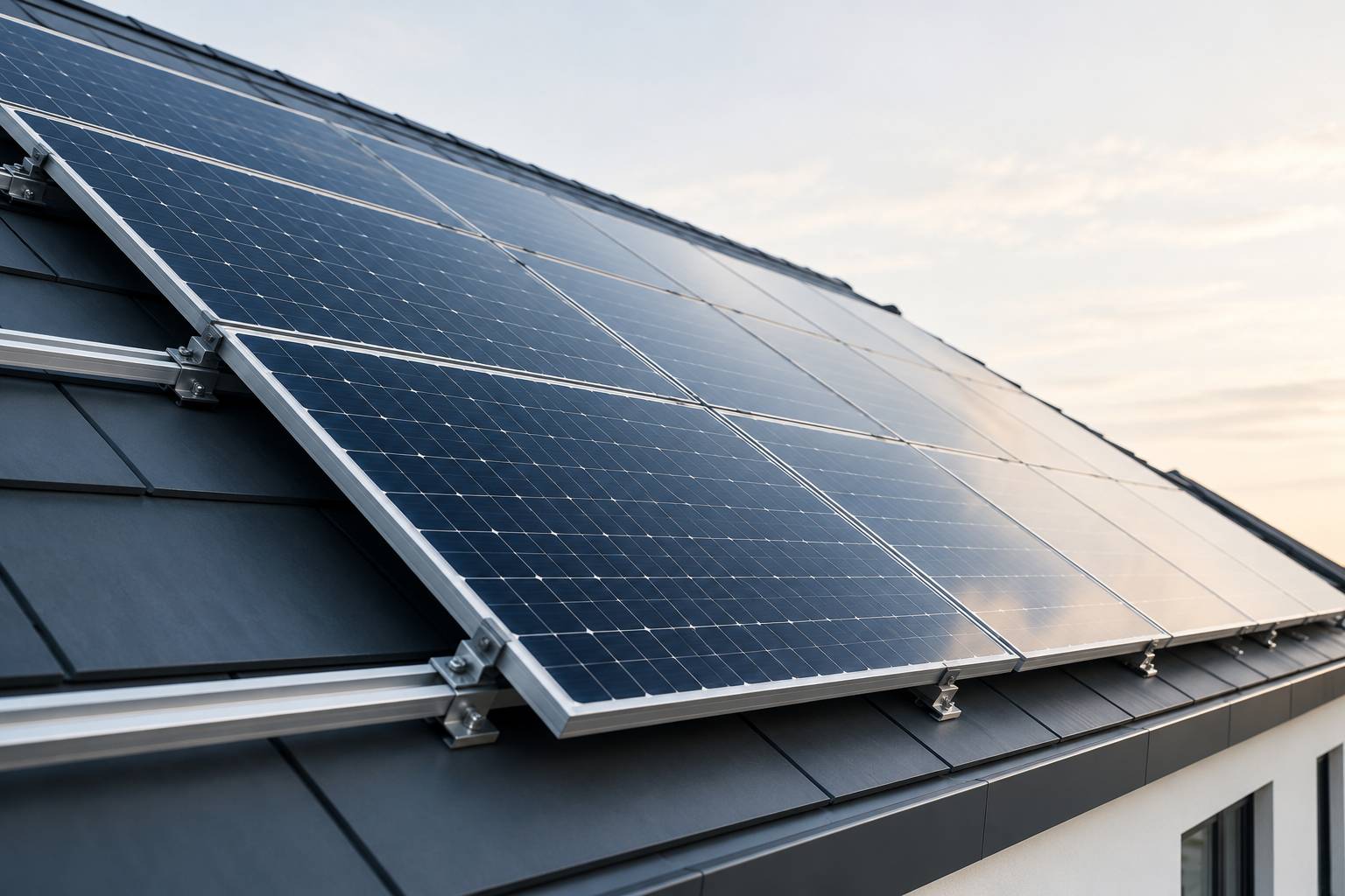 Panneaux photovoltaïques vus de près sur une toiture inclinée