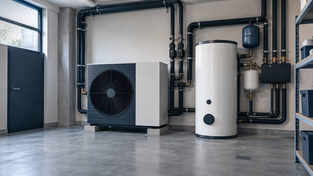 Chaufferie moderne avec pompe a chaleur et ballon d'eau chaude