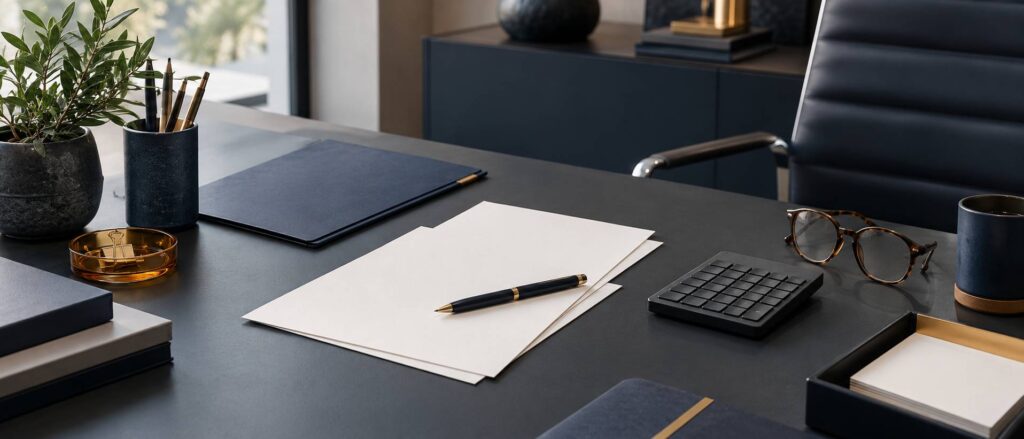 Documents vierges, calculatrice et stylo posés sur un bureau de souscription
