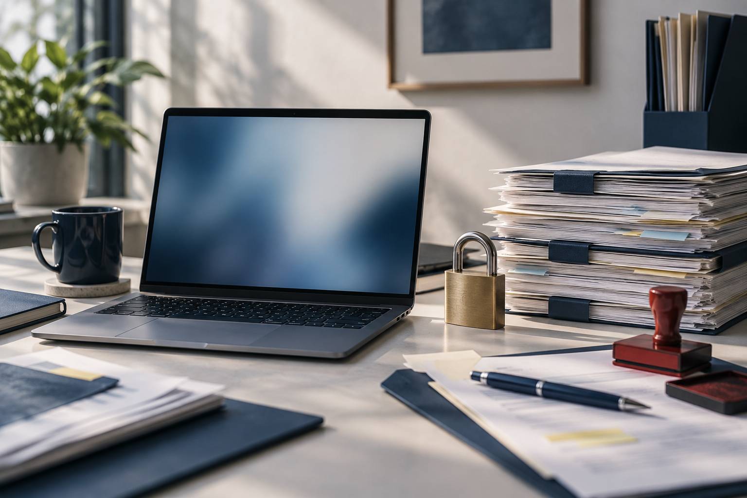 Ordinateur portable, cadenas de securite et dossiers sur un bureau