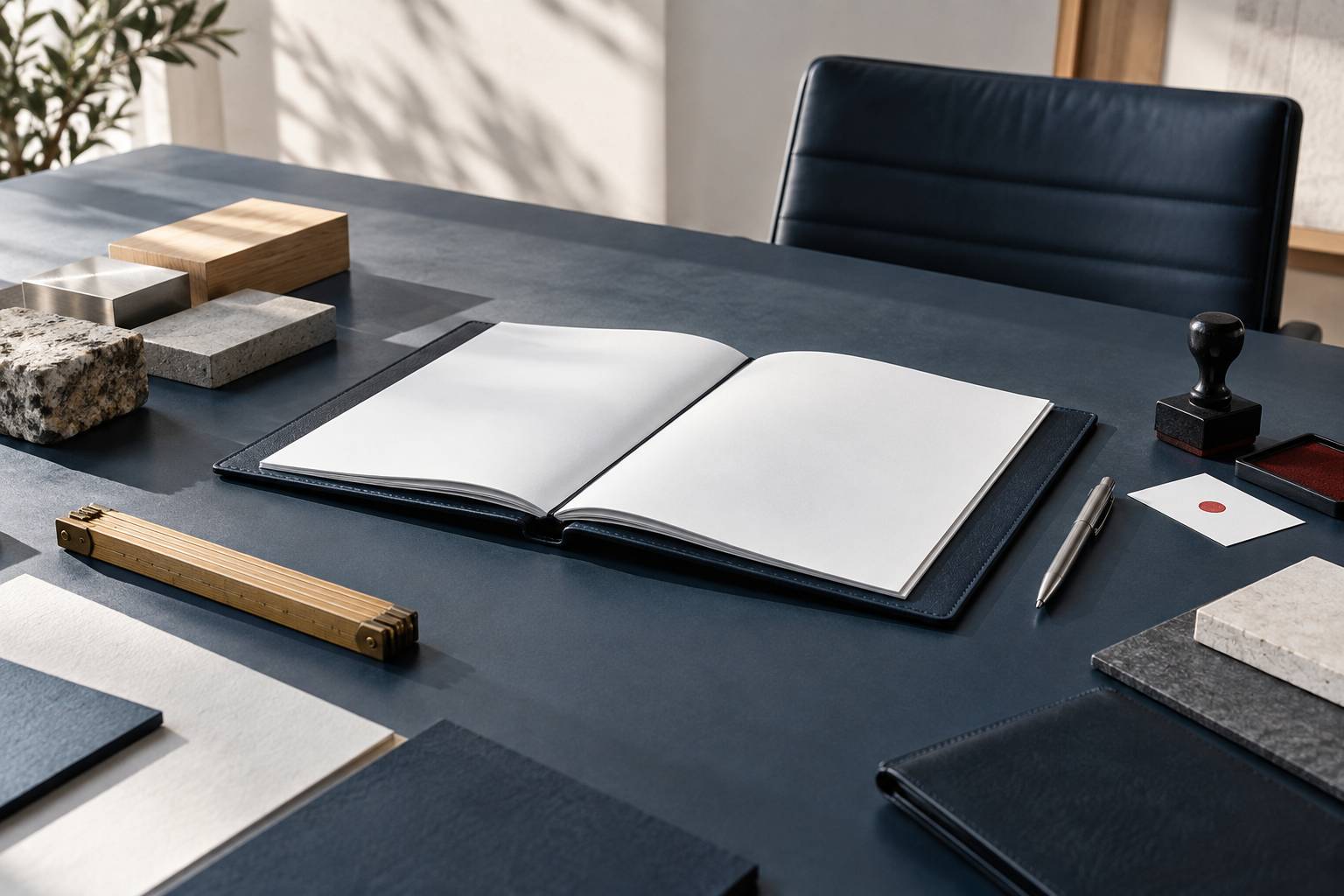 Contrat vierge, tampon encreur et echantillons de materiaux sur une table
