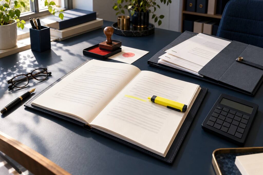 Contrat d'assurance ouvert et tampon rouge sur un bureau