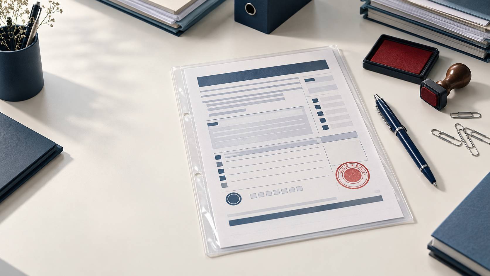 Formulaire et pochette de déclaration posés sur un bureau