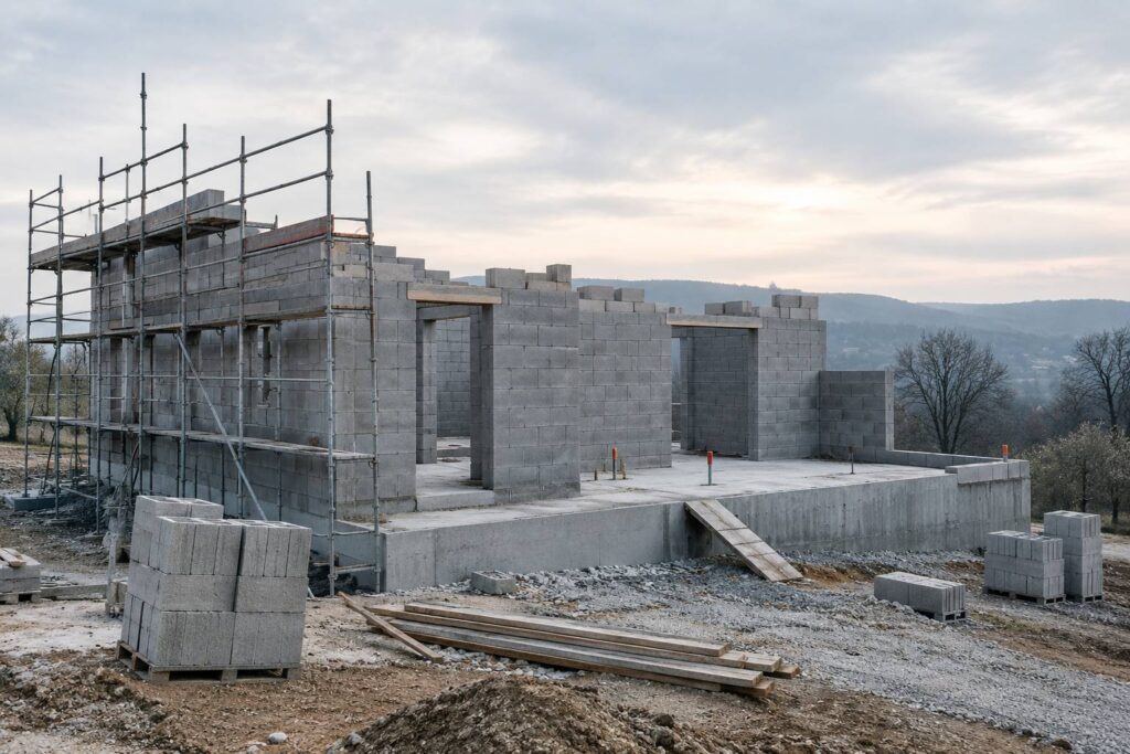Maison individuelle en construction avec murs en parpaing et échafaudage