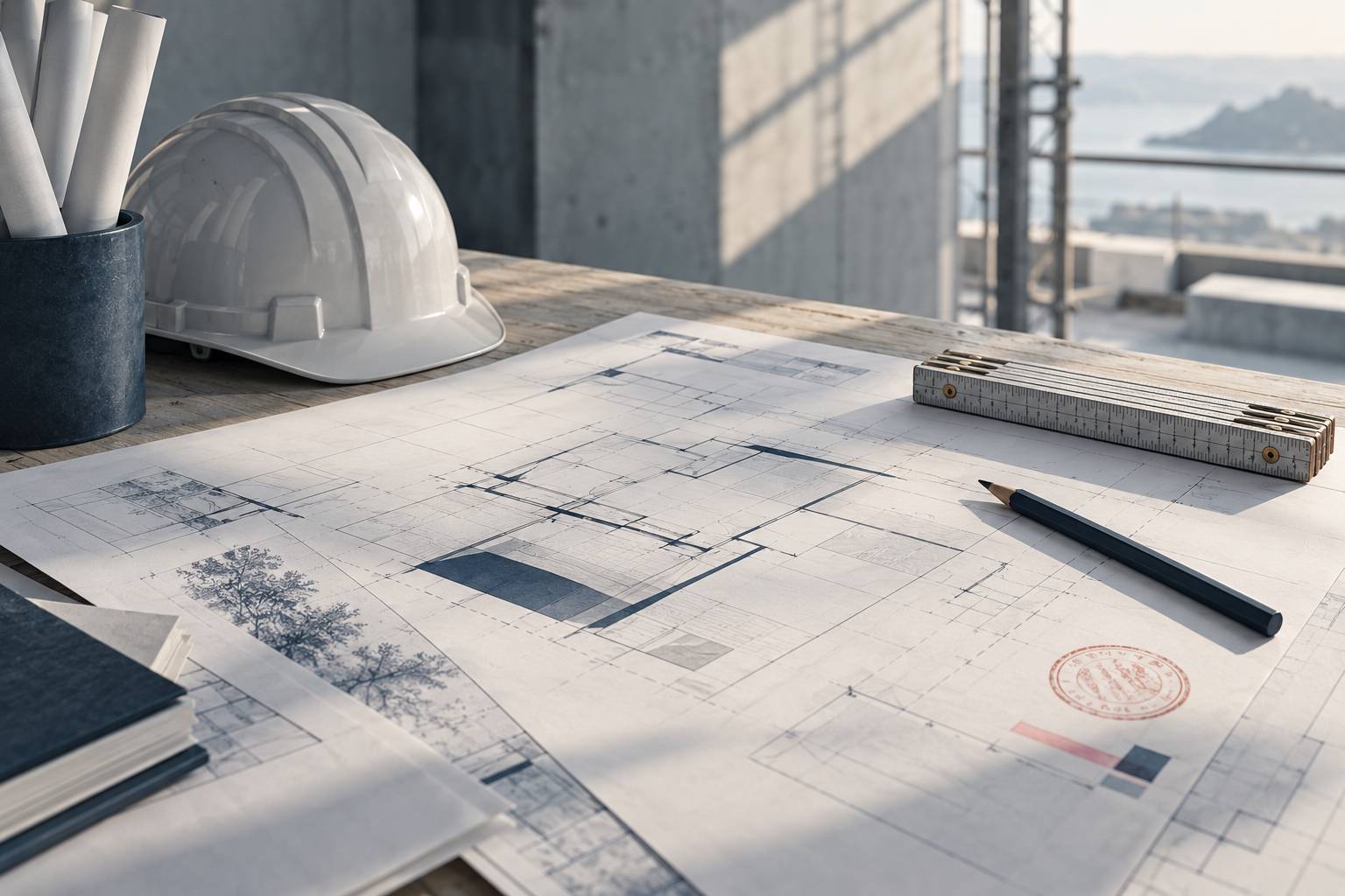 Plan de maison vierge et mètre pliant sur une table de chantier