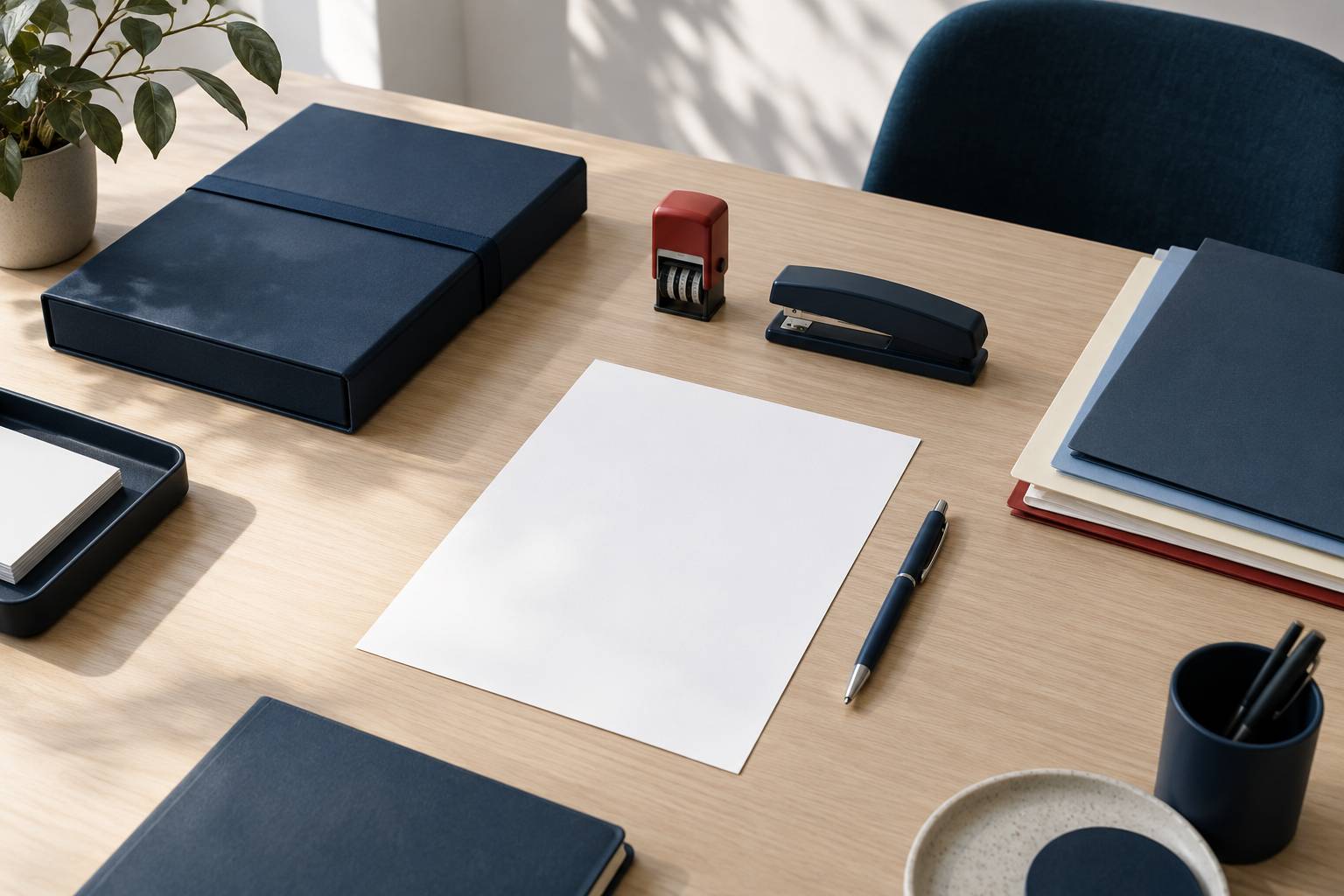 Formulaire vierge, tampon dateur et chemises sur un bureau administratif