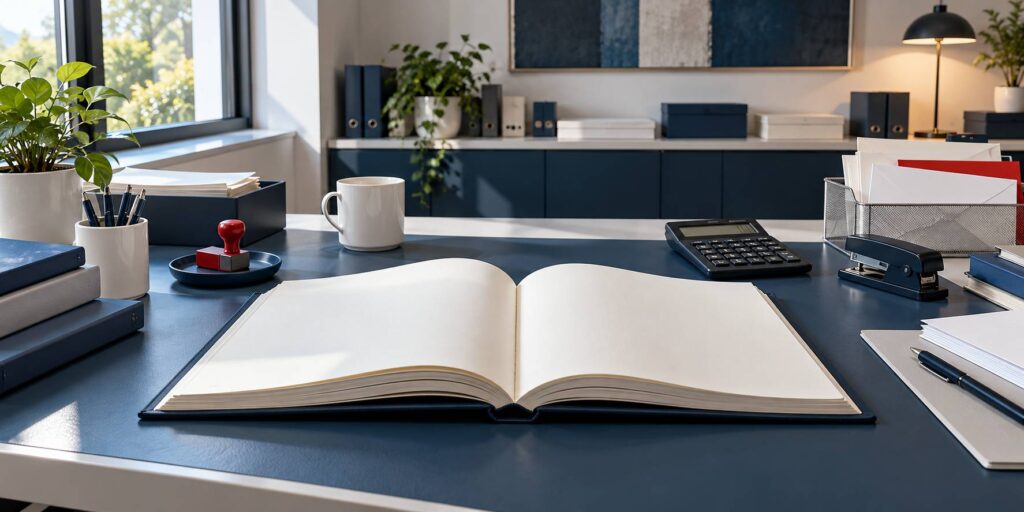 Bureau de petite entreprise avec registre comptable ouvert, calculatrice et courrier