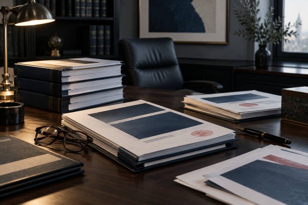 Documents relies et stylo sur un bureau en bois sombre