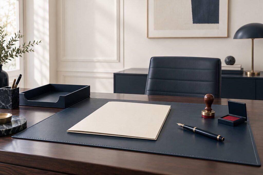 Bureau de souscription sobre avec chemise fermee, tampon encreur et stylo plume