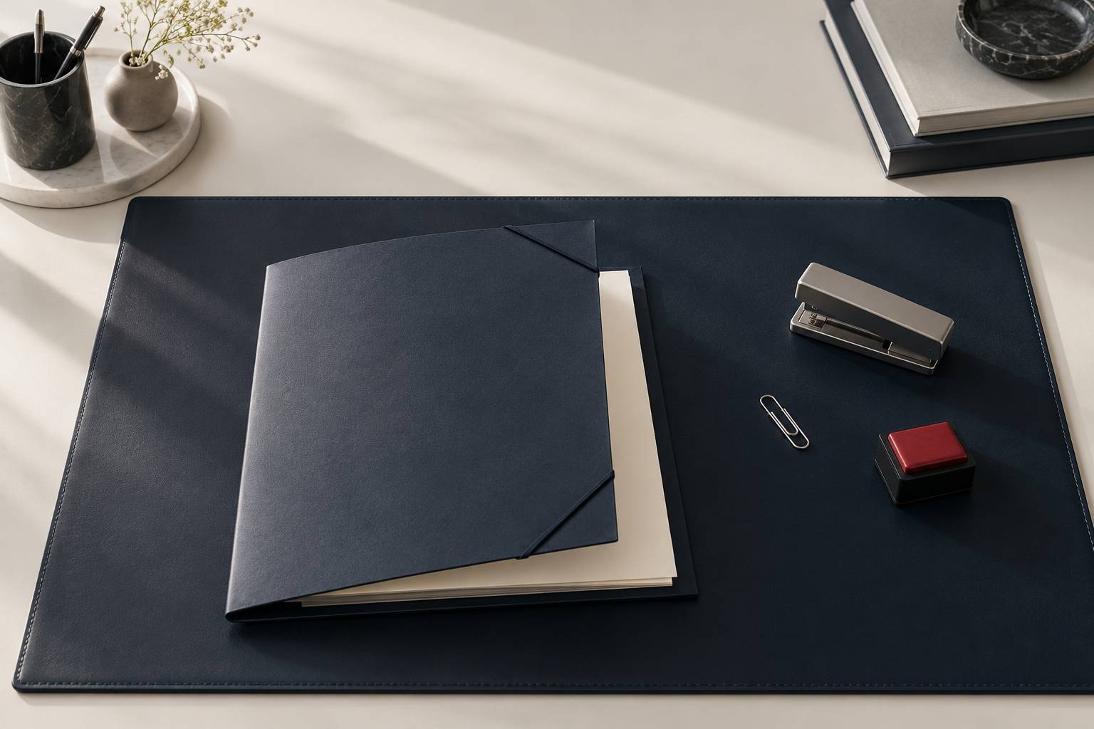 Plan de travail administratif avec chemise, trombone et tampon encreur