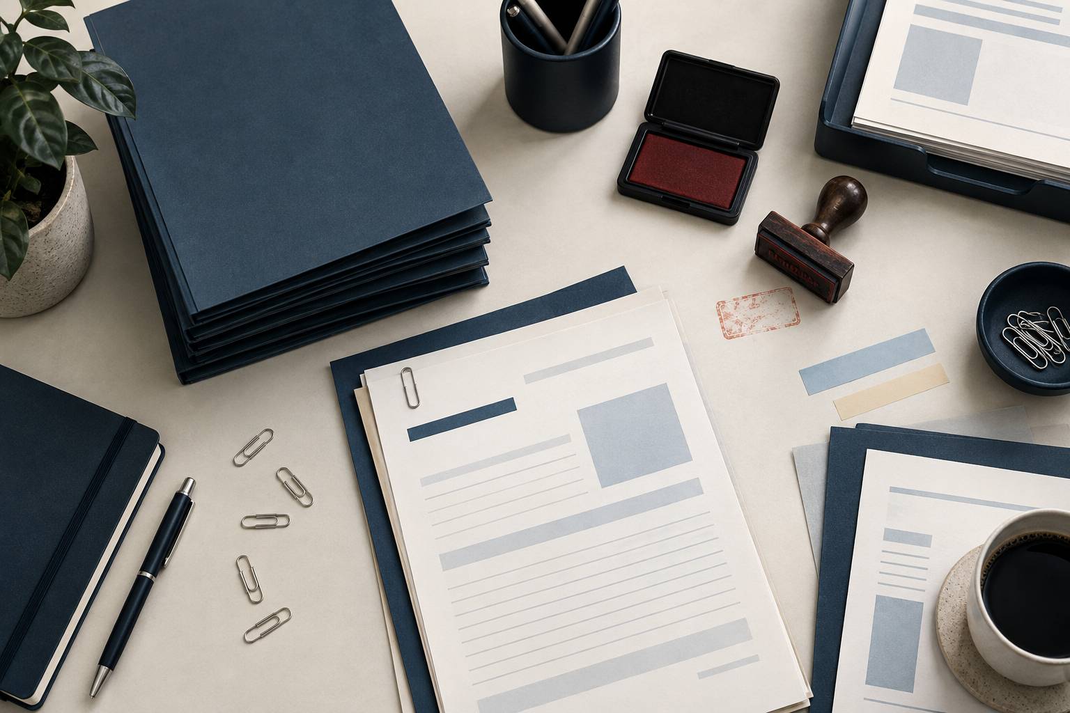 Chemises cartonnees empilees sur un poste de travail administratif