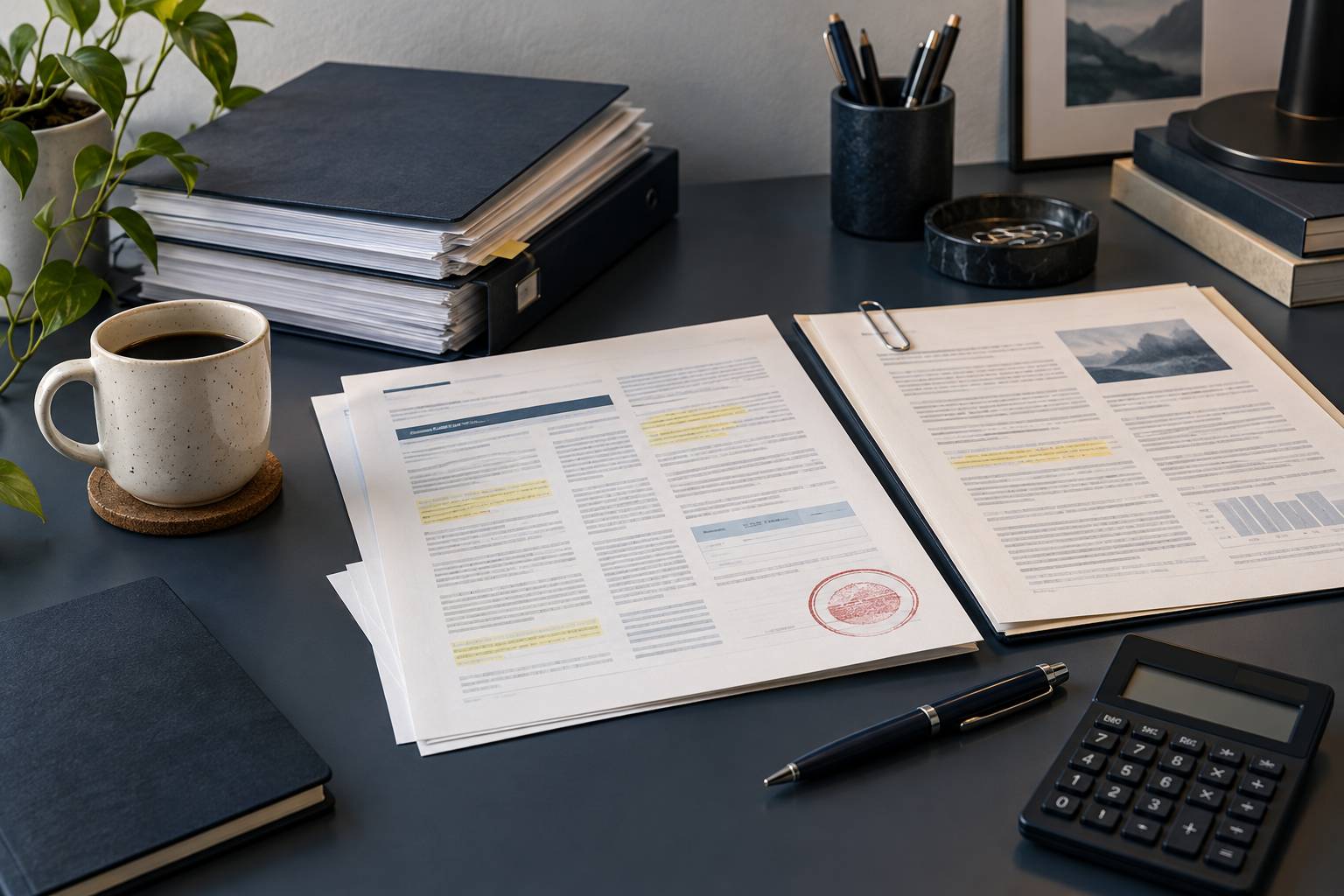 Documents et dossier ouverts sur un bureau avec calculatrice