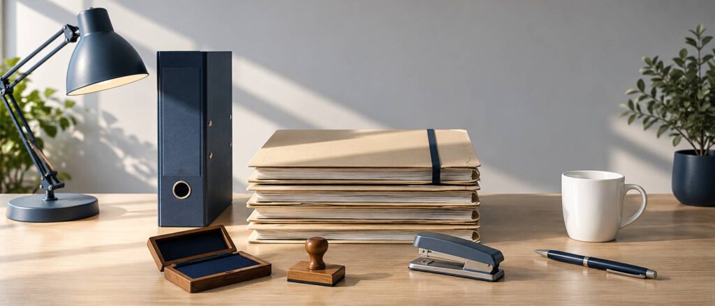 Bureau de souscription avec chemises cartonnees, tampon encreur et classeur bleu nuit